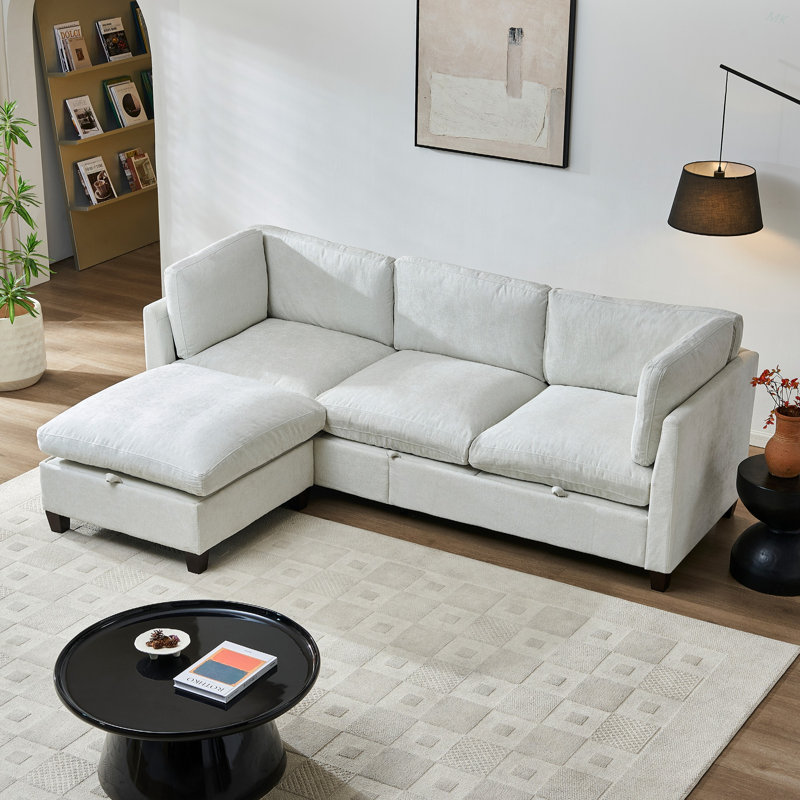 Canapé modulaire 96,5 po pour le salon, canapé rembourré en tissu doux de type 3 places avec un repose-pieds en L, Beige