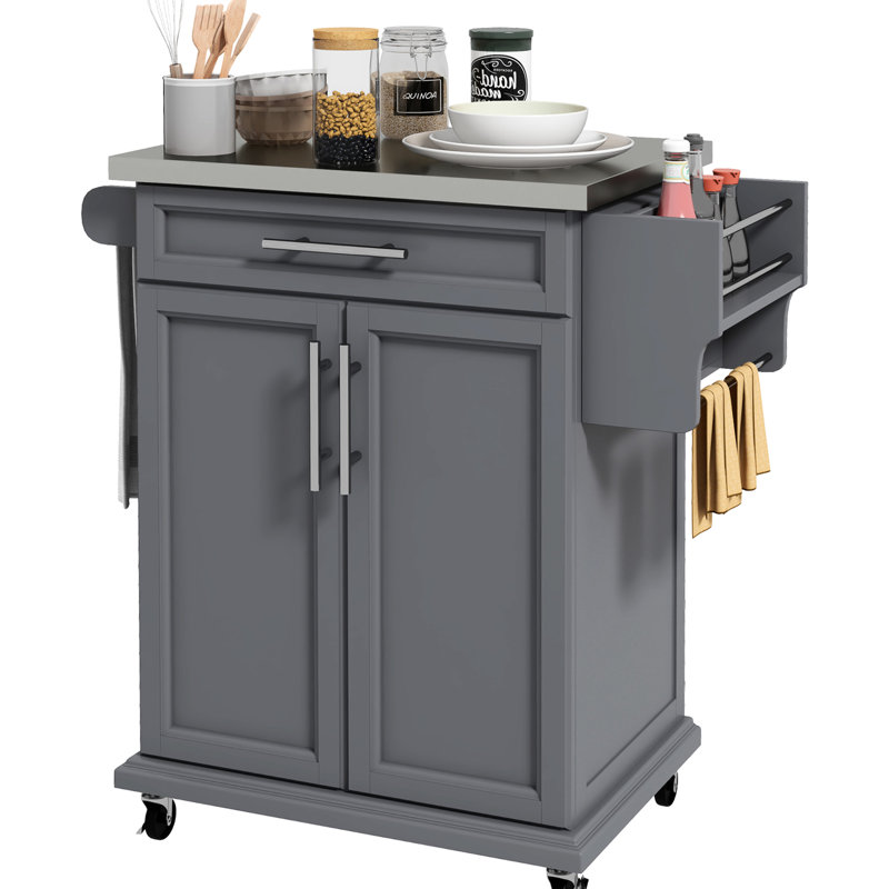 Mobile Kitchen Storage Trolley, Stainless Steel Countertop - Gray With Drawer, Towel & Spice Island Utility Cart Countertop, Rack, Rack In Grey