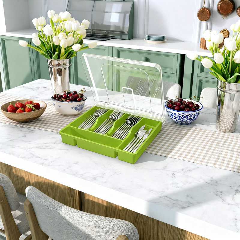 Rangement pour argenterie avec couvercle, 1 fente (vert)
