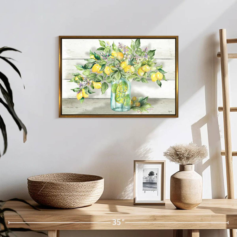Aquarelle de citrons dans un pot Mason, 19 po x 13 po, Cadre flottant doré