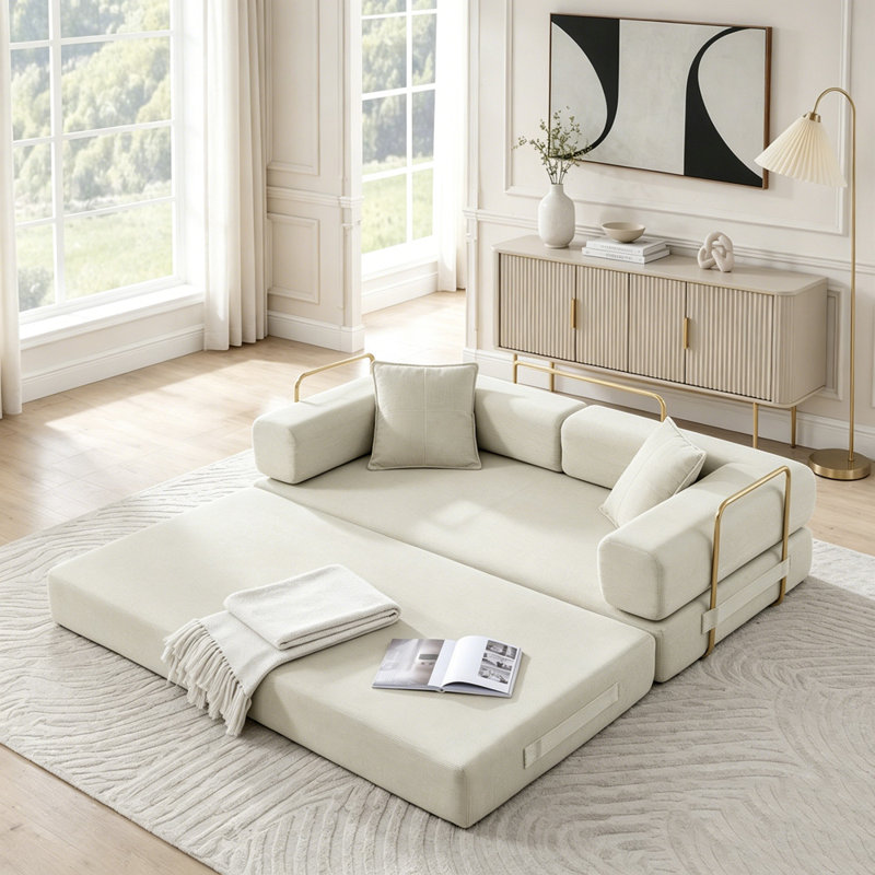 Canapé-lit modulaire en velours côtelé avec accoudoirs mobiles et sans assemblage, Beige Corduroy, Beige