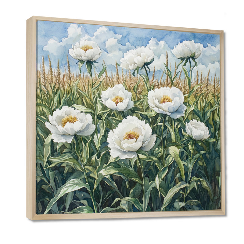 Été pivoines dans le champ de maïs II - décorations murales pivoines, Impression encadrée flottante, H 36 po x l 36 po