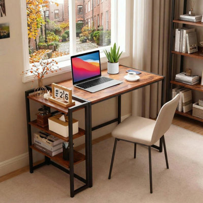 Folding Desk, 35 Inch Foldable Computer Desk with Storage Shelf, Small Computer Desk for Small Spaces, No Assembly Writing Table for Home Office Bedroom Dorm, Brown