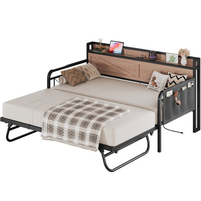 Twin Daybed with Pop Up Trundle,  Built-in Charging and Storage, Strong Metal Support