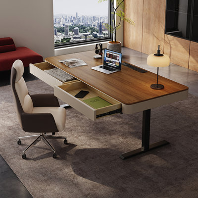 Minimalist Light Luxury Walnut Top & Beige Smart Electric Height-Adjustable Desk | Computer Desk | Premium Home Office Workstation