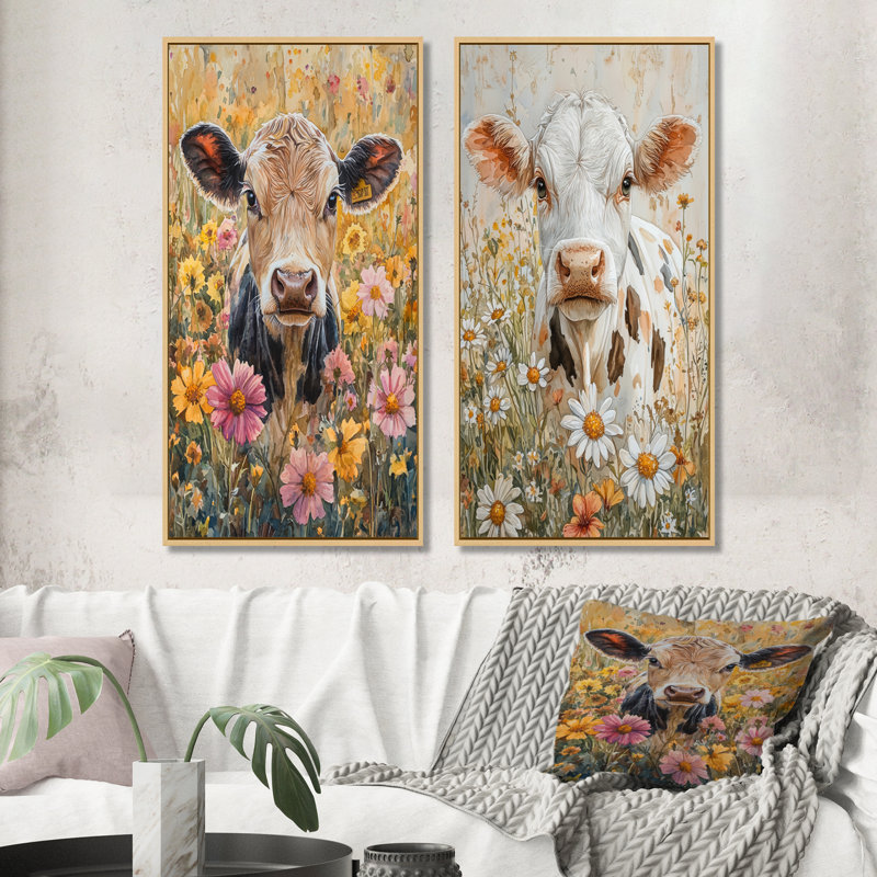 Collection de 2 panneaux muraux de vache avec hibiscus III - animaux, H 40 po x l 41 po, Cadre crème crème
