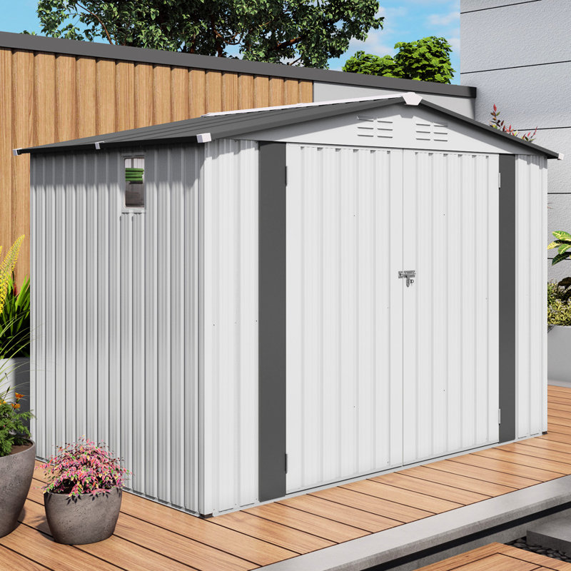 Remise de jardin en métal 8 x 6 pi, toit incliné, imperméable, une fenêtre, deux portes verrouillables, blanc et gris, convient au balcon et à la cour à l'extérieur, facile à assembler