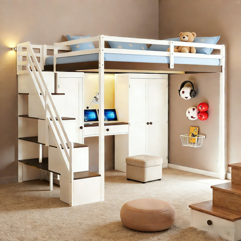 Full Modern Loft Bed With Lighted Vanity Desk, Storage Stairs, Cabinet And Armoire, White/Brown
