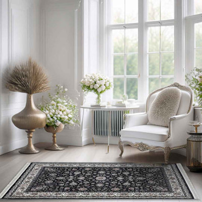Minyatur Navy & White Medallion Area Rug – Traditional Low-Pile 100% Viscose Carpet, Flatwoven Design