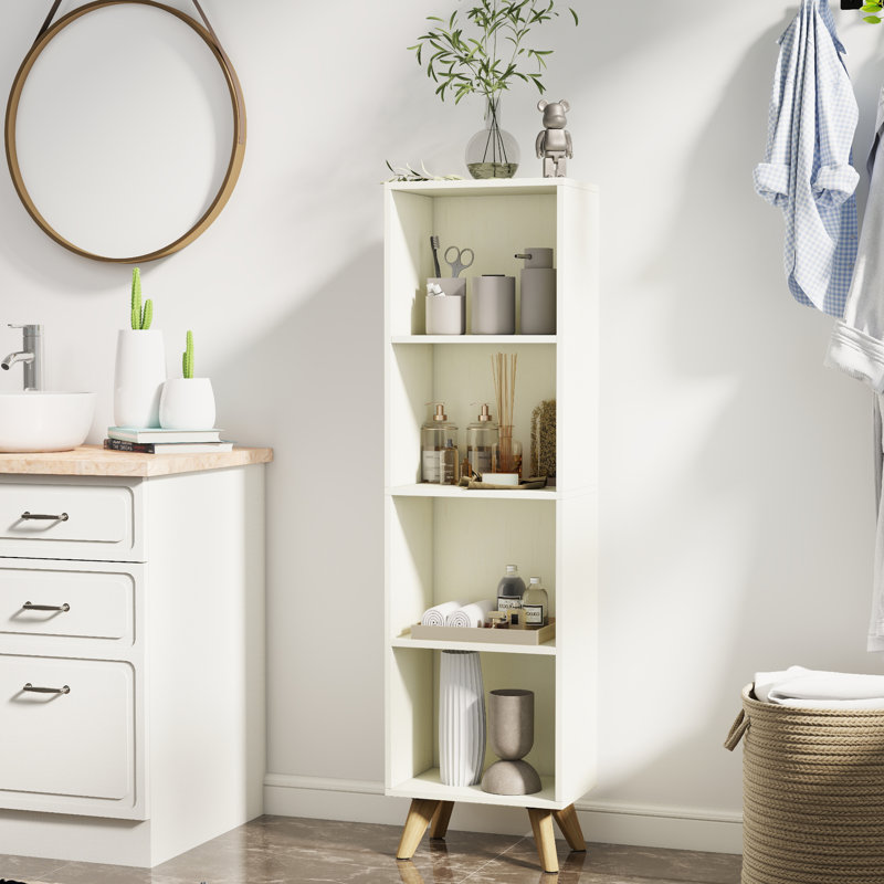 Ronald 4-Shelf Bookcase Cabinet with Adjustable Shelves and Solid Wood Legs, White, 52.95"H x 14.57"W x 9.45