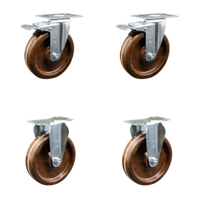 5 Inch High Temp Phenolic Swivel Top Plate Caster Set 2 Lock Brakes 2 Rigid SCC