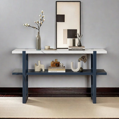 Console rétro élégante avec plateau en marbre et solutions de rangement polyvalentes pour le vestibule et le salon