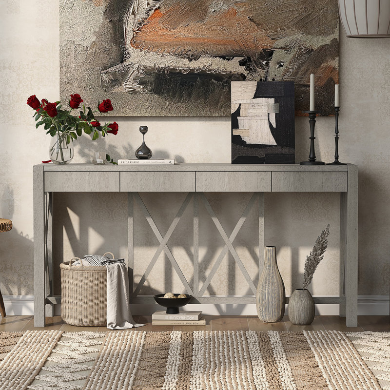 U_Style 60''Acacia Veneer Console Table With 4 Spacious Drawers, Gray