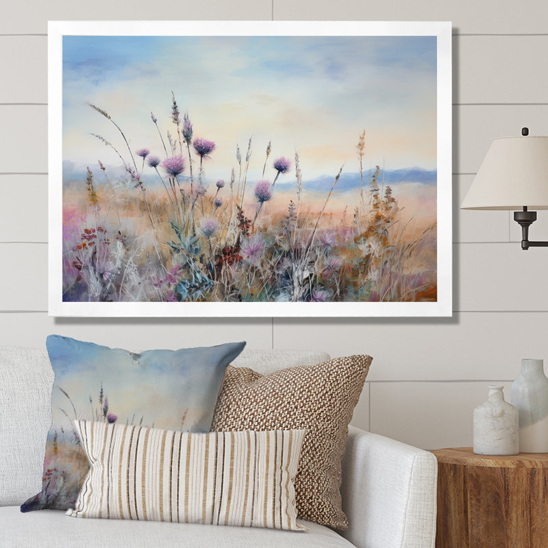 «Mauve chardon champ», impression sur toile, H 12 po x l 20 po x P 1 po, Cadre simple blanc