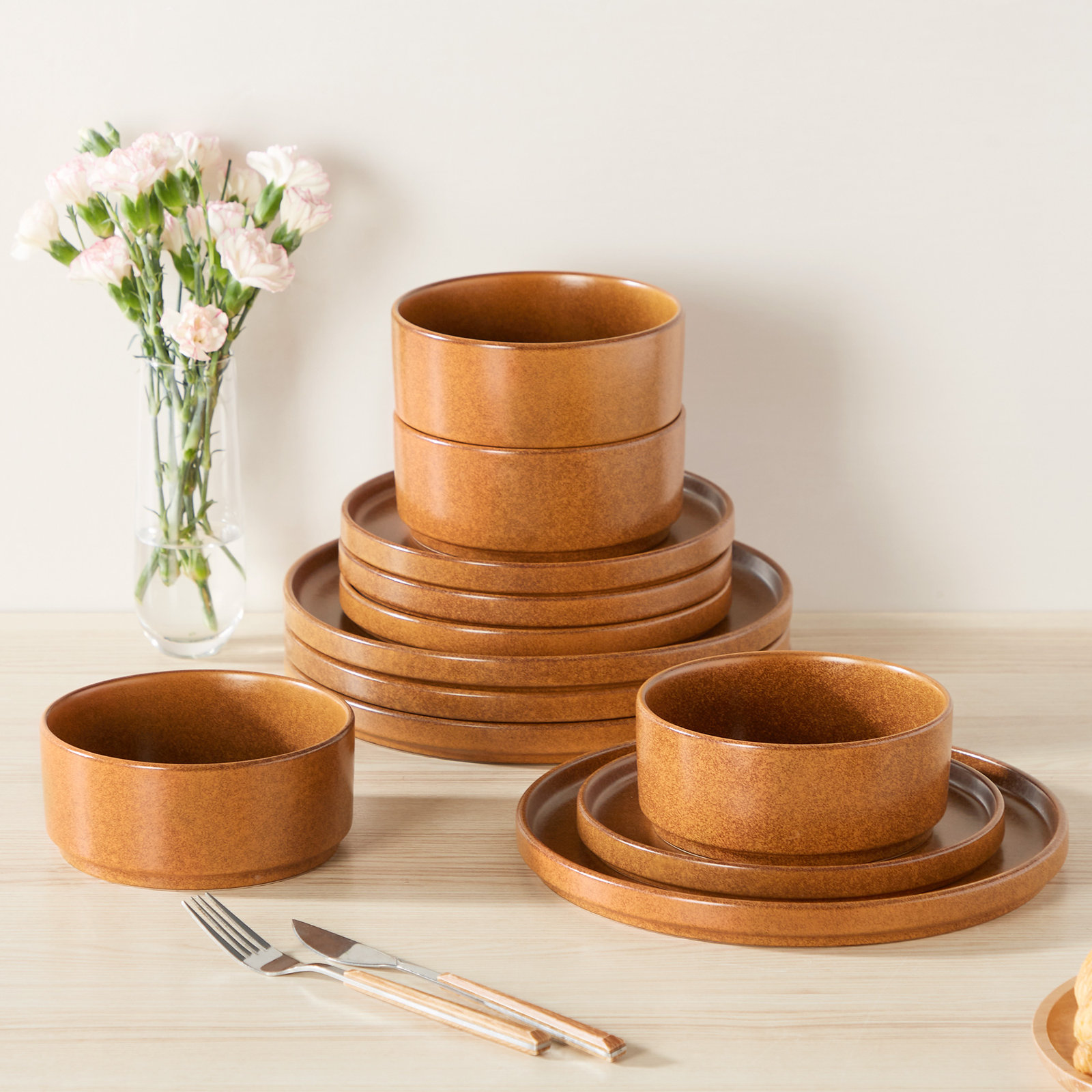 12 Piece For 4 In Glaze, Dinnerware With Dinner Plates,Dessert Plates & Bowls,Dishwasher Safe,Modern Stackable Stoneware Set