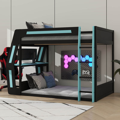 Lit double superposé double pour jouer, bureau intégré, ports USB et organisateurs de câbles, structure en bois avec éclairage DEL
