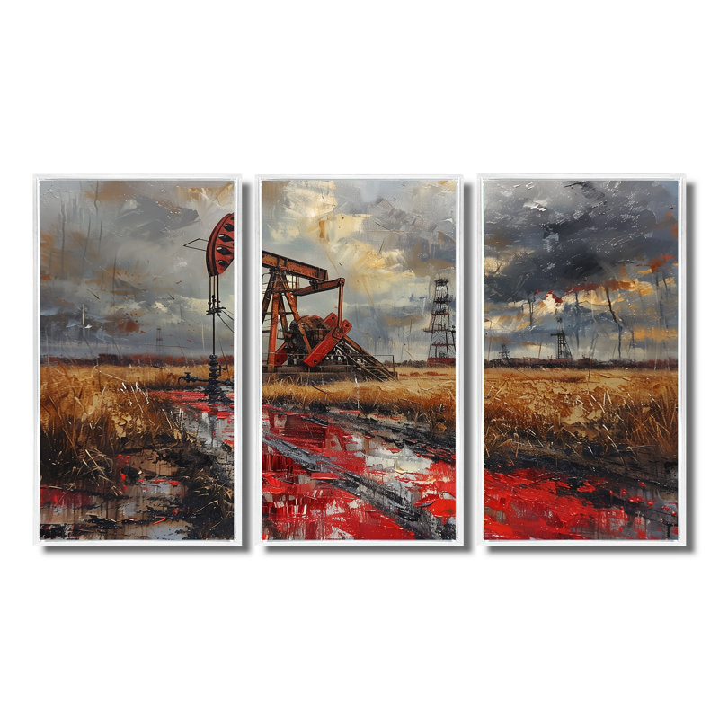 «Red Winter Oil Fields Industrial Icon I», ensemble d'art mural, Toile encadrée flottée blanche, H 32 po x l 48 po x P 1 po
