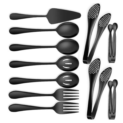 Ensemble de 11 grands ustensiles de service en acier inoxydable avec cuillères, fourchettes, pinces, service à tarte, 11 pièces, noir