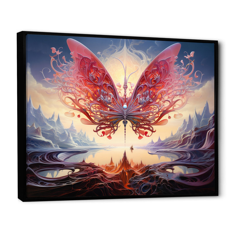 Papillon rose majestueux et futuriste, H 12 po x l 20 po x P 1 po, Cadre flottant noir