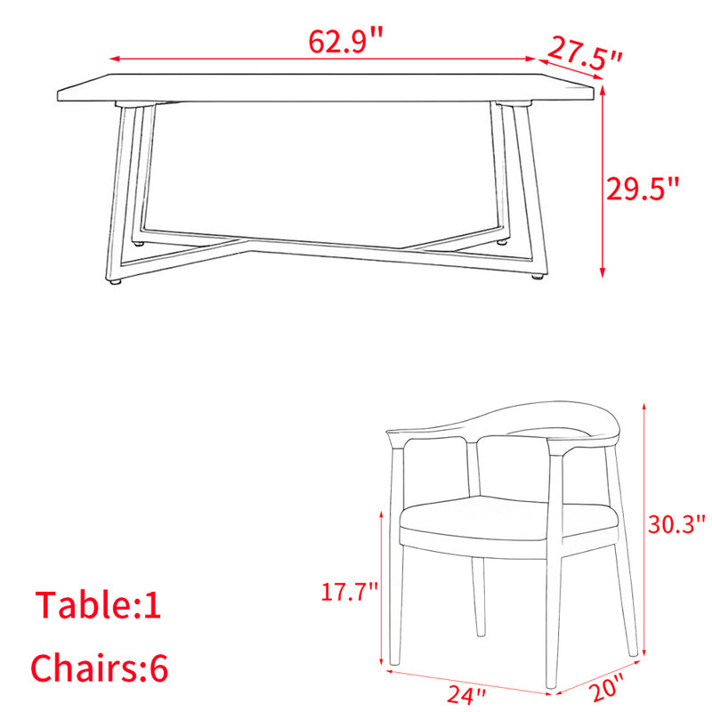 Ensemble de table de salle à manger en bois massif de style américain, H 29,5 po x L 62,9 po x l 27,5 po