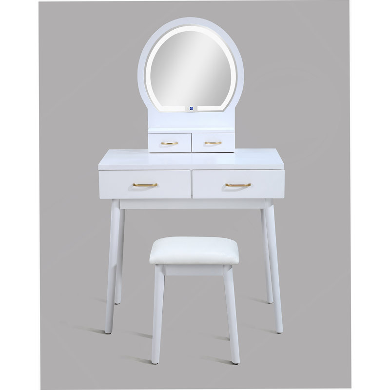 Three-Piece Vanity Table And Stool Set With Built-In LED-Lit Mirror, Offering Ample Storage And Comfort For Your Dressing Routine