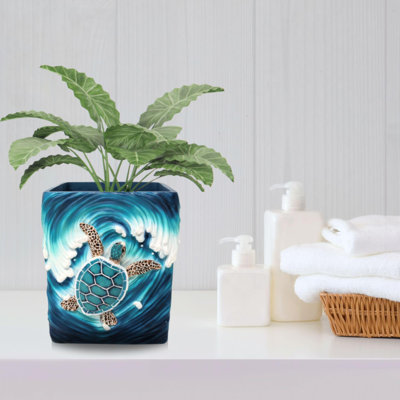 Resin Nautical Wastebasket Sea Turtle Wave Design