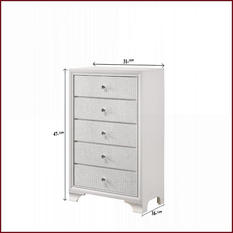 Commode, commode crocodile embossée à 5 tiroirs Modern Glam White Frost | Blanc | Bois massif, Blanc
