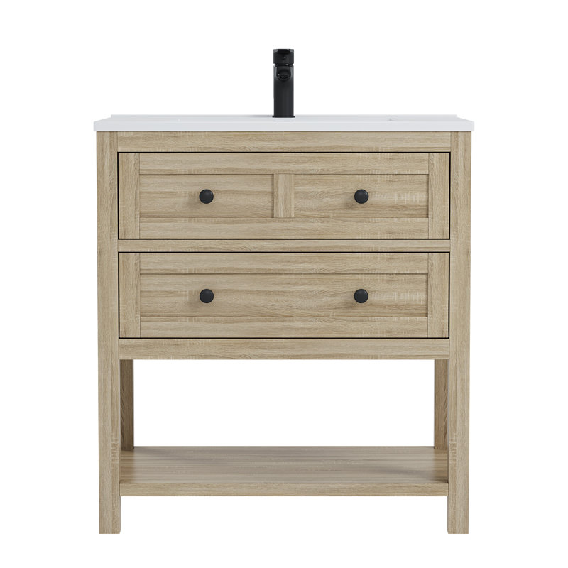 Wilce Meltiva Single Sink Bathroom Vanity With Solid Surface Composite Top, 30", Light Oak