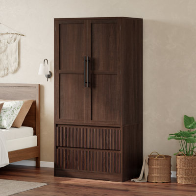 Armoire de style champêtre de 80 cm (31,5 po), portes en bois et tiroirs cannelés, grand placard de chambre autoportant, noyer
