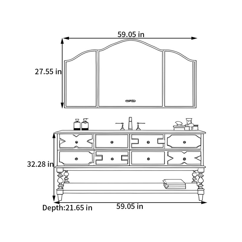 Armoire de salle de bain American, H 32,28 po x l 59,05 po x P 21,65 po