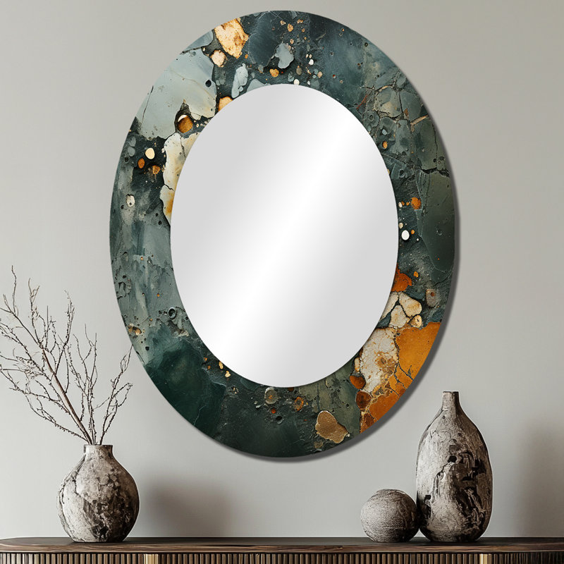 Golden And Green Terrazzo Marble Elegance IV - Green Modern Oval Wall Mirror, 40" x 30"