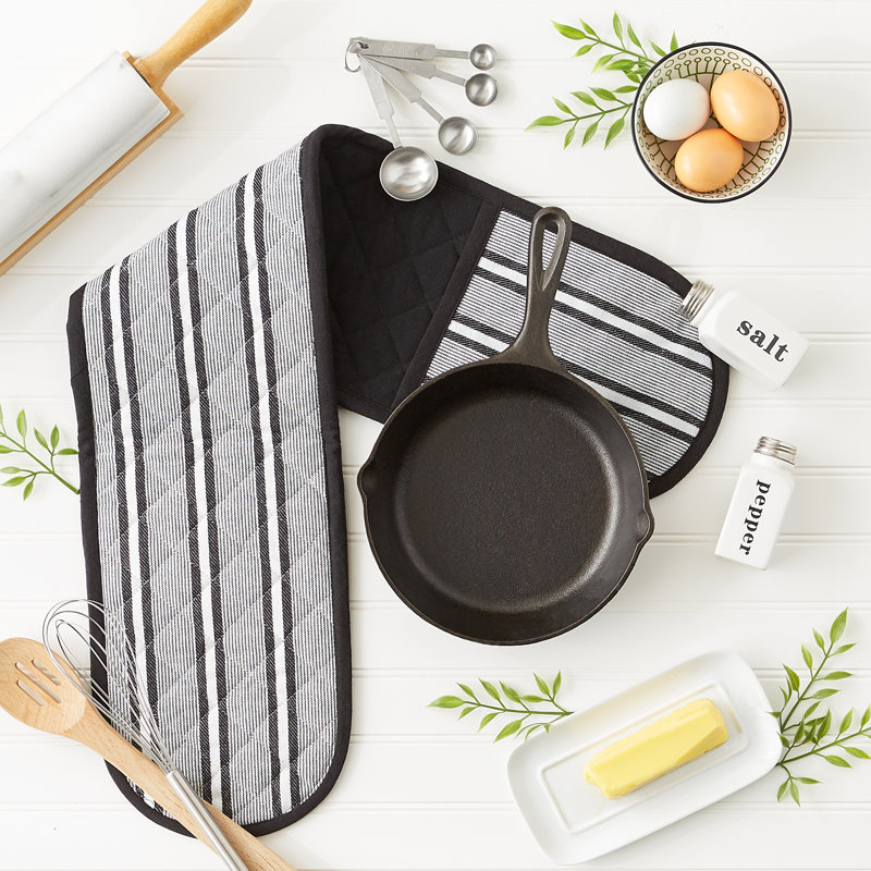 Extra Long Black and White Cotton Double Oven Mitt