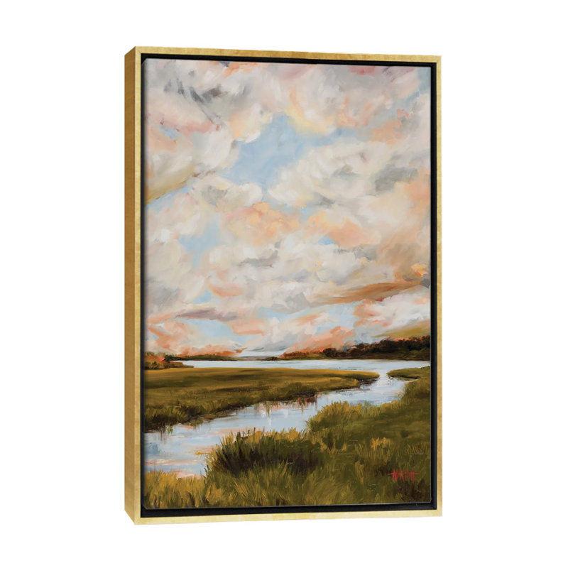 Des nuages chauds au-dessus du marais, Toile avec cadre flottant or, H 48 po x l 32 po x P 1,5 po