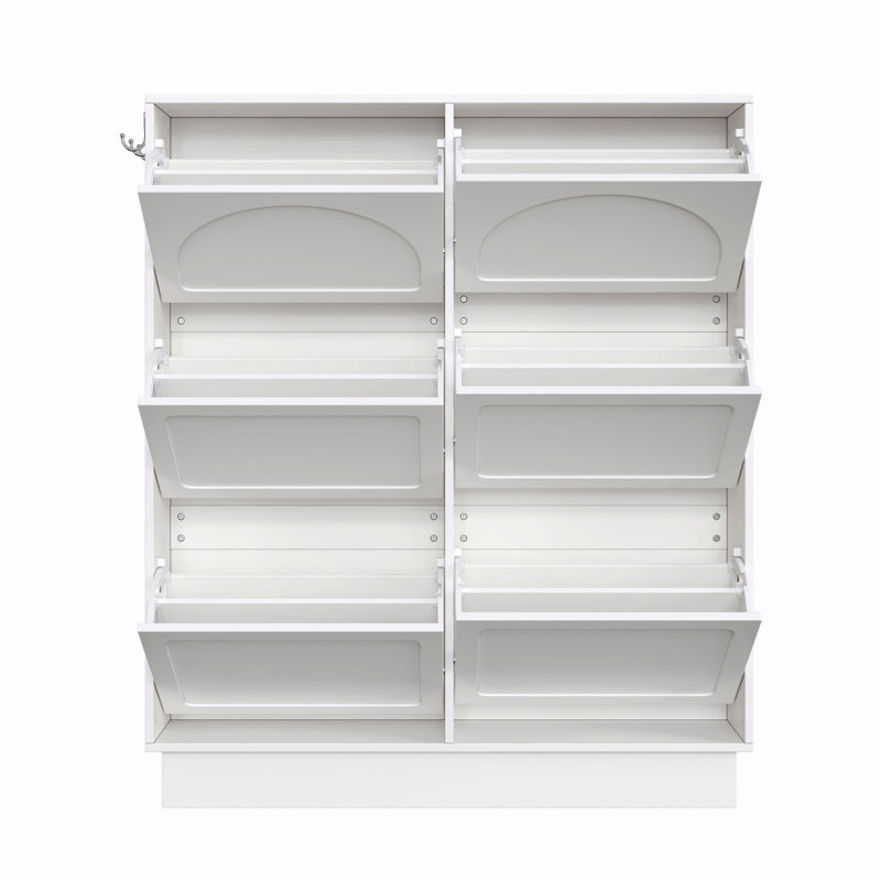 Armoire à chaussures moderne avec 6 tiroirs rabattables, conception peu encombrante, organisateur de hall d'entrée de style crème avec tablette réglable, étagère à chaussures autoportante avec 3 crochets argentés
