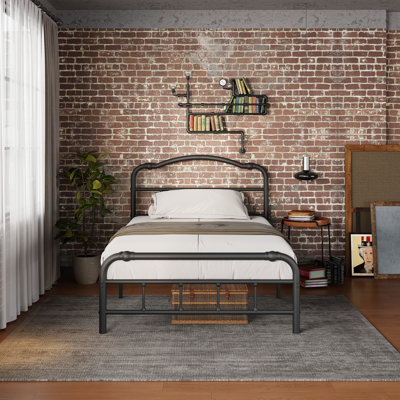 Oley Industrial Style 14"H Metal Black Bed Frames with Headboard & Footboard, No Box Spring Need & No Squeak by Williston Forge