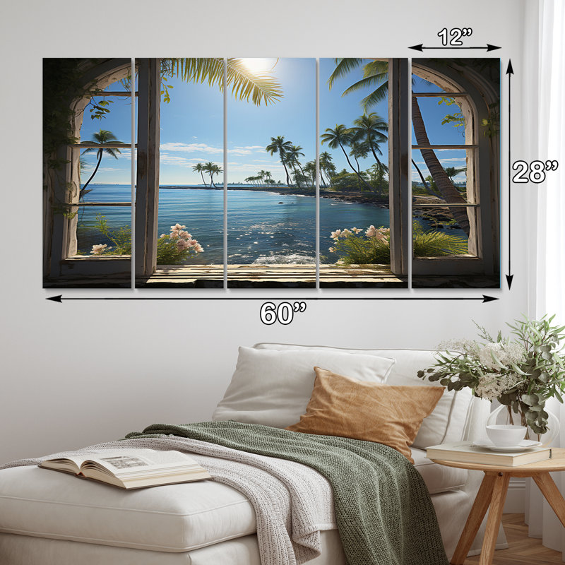 Océan tropical coucher de soleil à travers une fenêtre blanche ouverte II - art mural toile côtière - 5 panneaux égaux