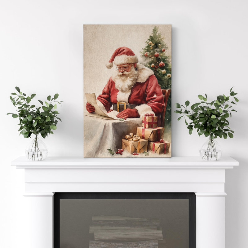 Père Noël lisant une liste coquine ou sympa Père Noël classique avec des cadeaux, décoration, art moderne, Toile tendue