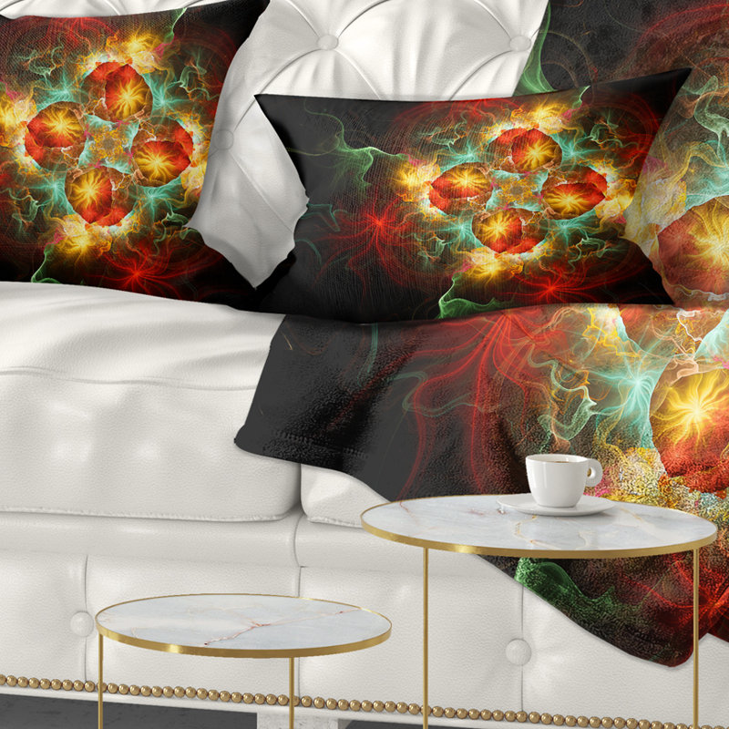 Fractale jaune et fleur rouge - coussin imprimé abstrait