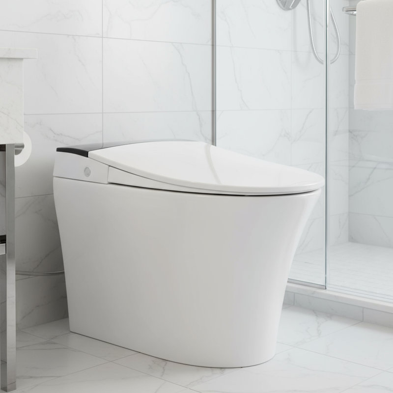 Toilette intelligente une pièce, siège chauffant et chasse d'eau automatique sans réservoir, commande de bouton de veilleuse bleue avec capteur de pied, chasse d'eau en cas de panne de courant, couvercle à fermeture en douceur