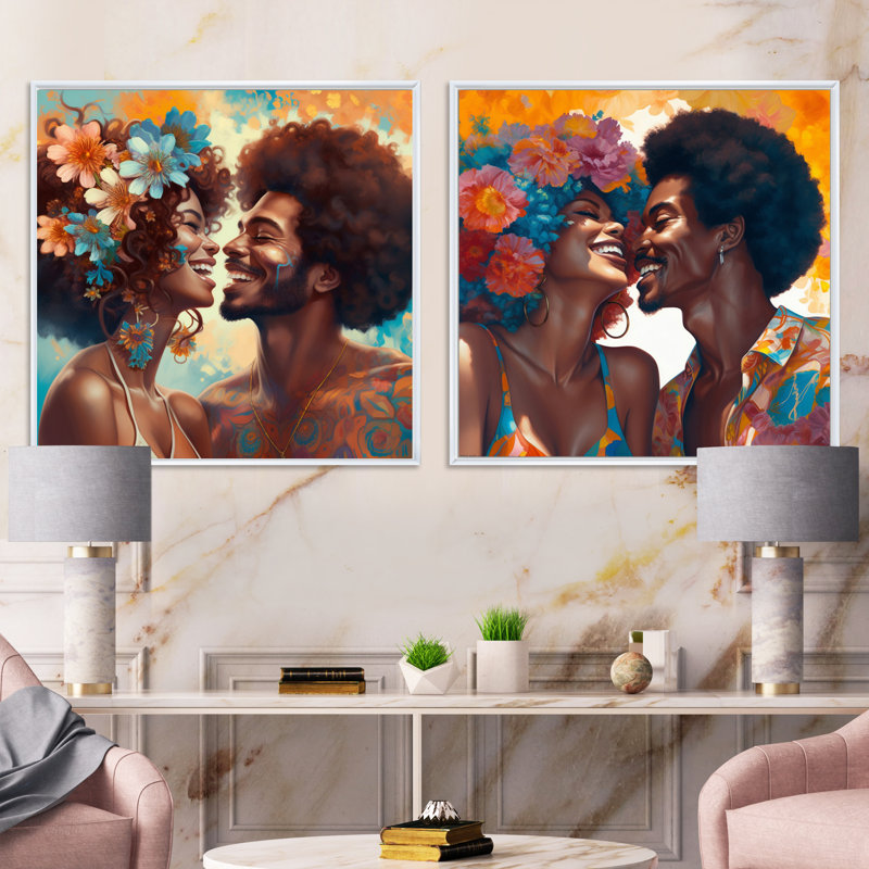 Beautiful Black Couple In Love - Ensemble de 2 collages romantiques carrés, Cadre flottant blanc, H 30 po x l 61 po
