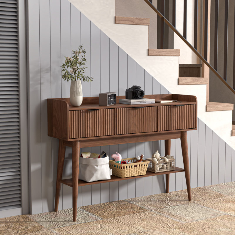 Fluted Console Table With 3 Drawers And Open Storage Shelf, Console Sofa Table For Living Room, Walnut