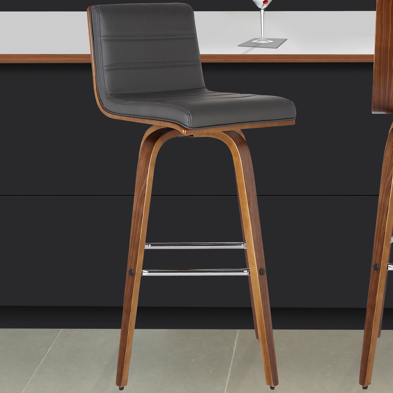 Biance Swivel Bar and Counter Stool, Bar Stool (30" Seat Height), Walnut, Black Performance Faux Leather