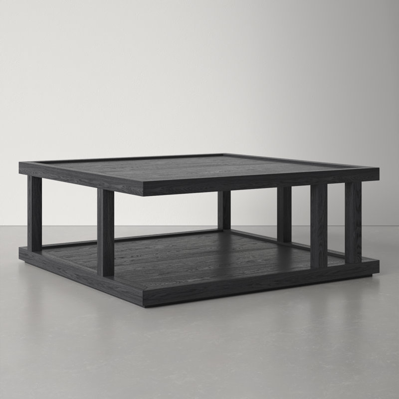 Black Solid Wood Square Coffee Table with Shelf