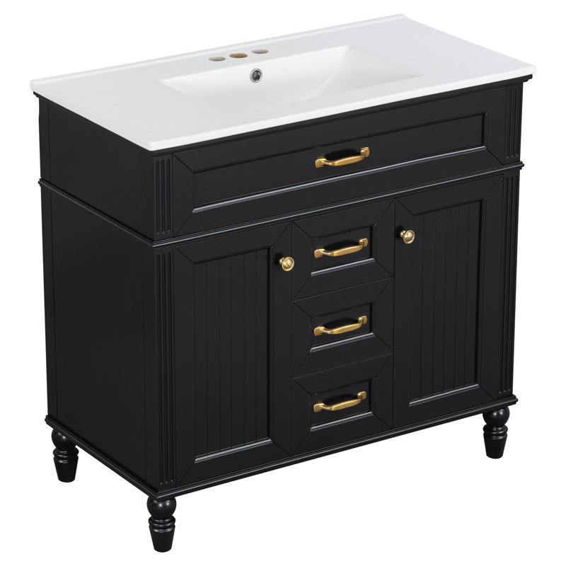 Meuble-lavabo simple autoportant noir 36 po avec lavabo et rangement en céramique, Black