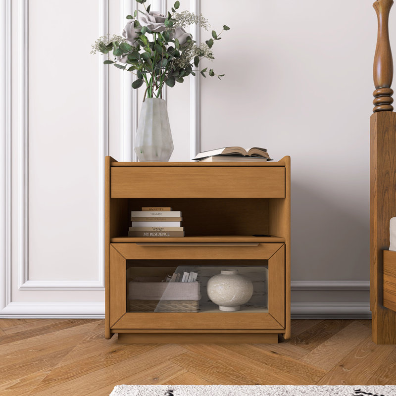 Table de chevet moderne Mid-Century avec station de charge, Noyer clair