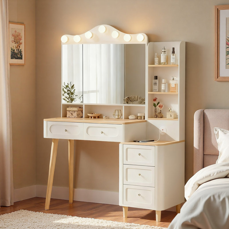 Vanity Desk With 3 Lighting Colors Foldable Three-sided Mirror, 2 Usb Power Strip And 5 Drawers