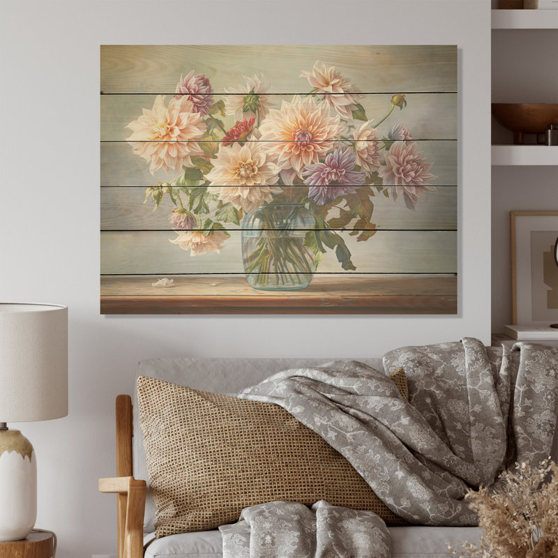 Soft Color Dahlia Bouquet Still Life - Dahlia Wood Wall Art On Natural Pine Wood, 10" H x 20" W