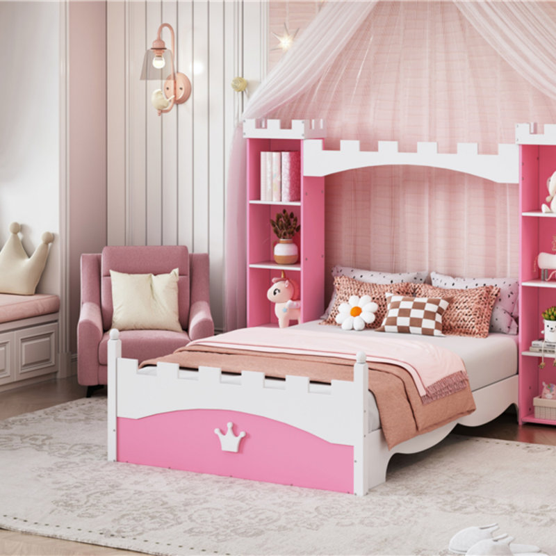 Lit en bois en forme de château avec tablette de rangement, lit plateforme Dreamy, Rose/Blanc