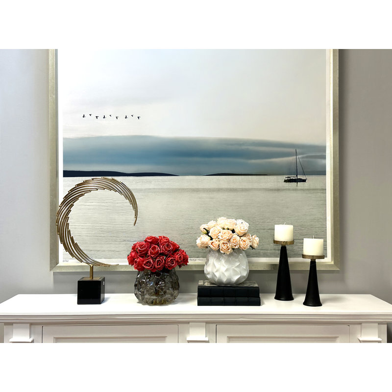 Dried Rose Arrangement in Wavy Glass Vase, Red, Gray