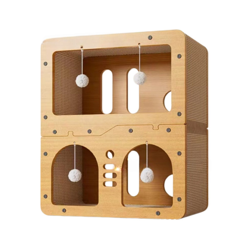 Maison de chat moderne en carton à 3 niveaux avec patin à griffes et aire de jeu interactive